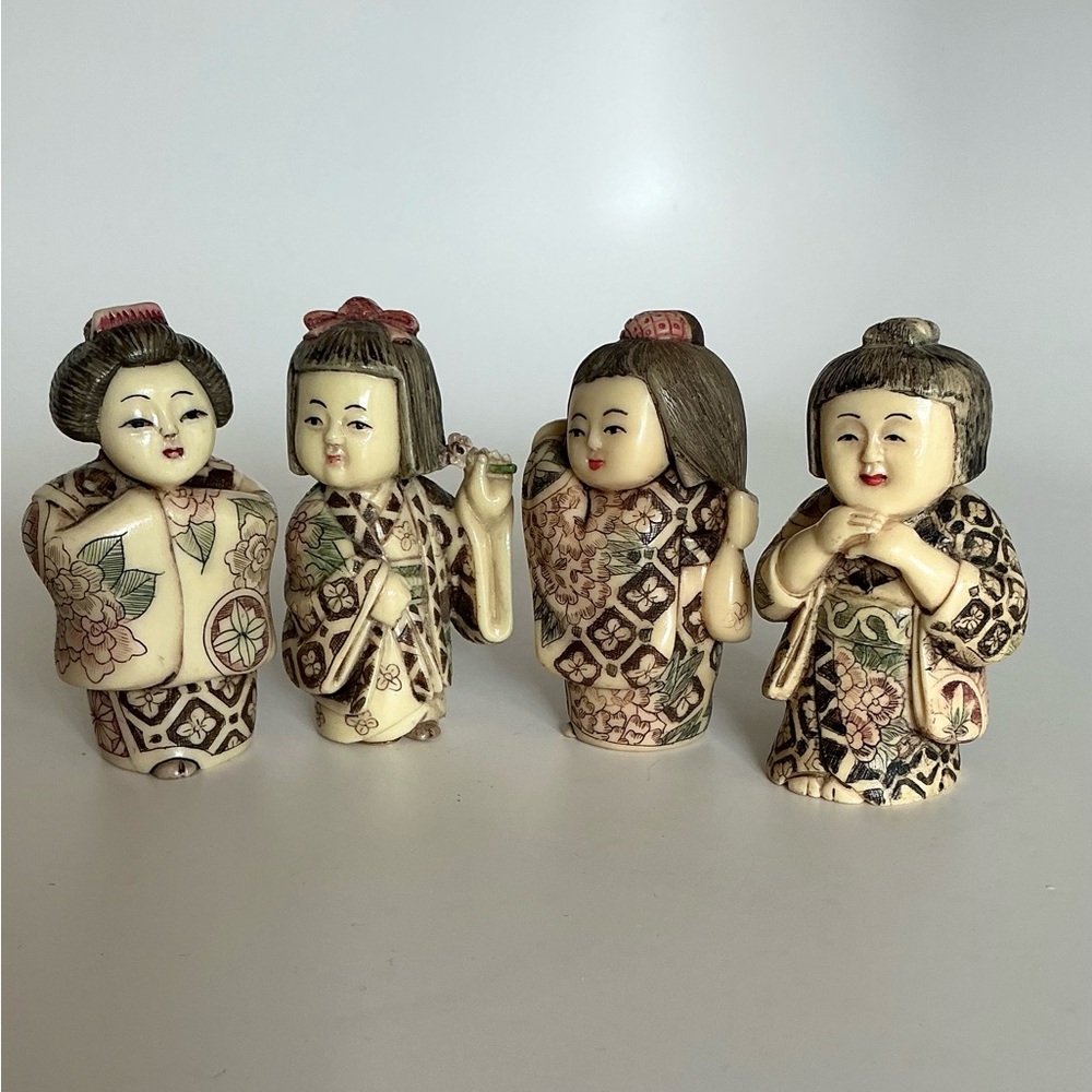 Geisha Girl Figures Asian Resin Figurines Hand Carved Etched Signed Set of 4